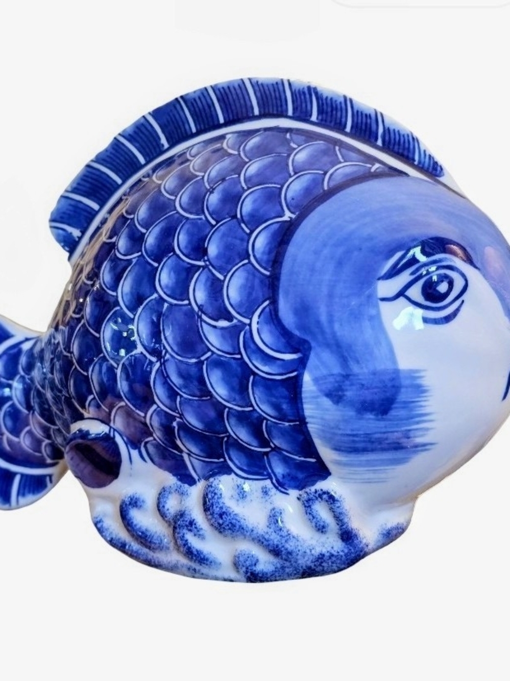 Large Chinoiserie Solid Porcelain Fish Figurine, Heavy, Coastal Hamptons
